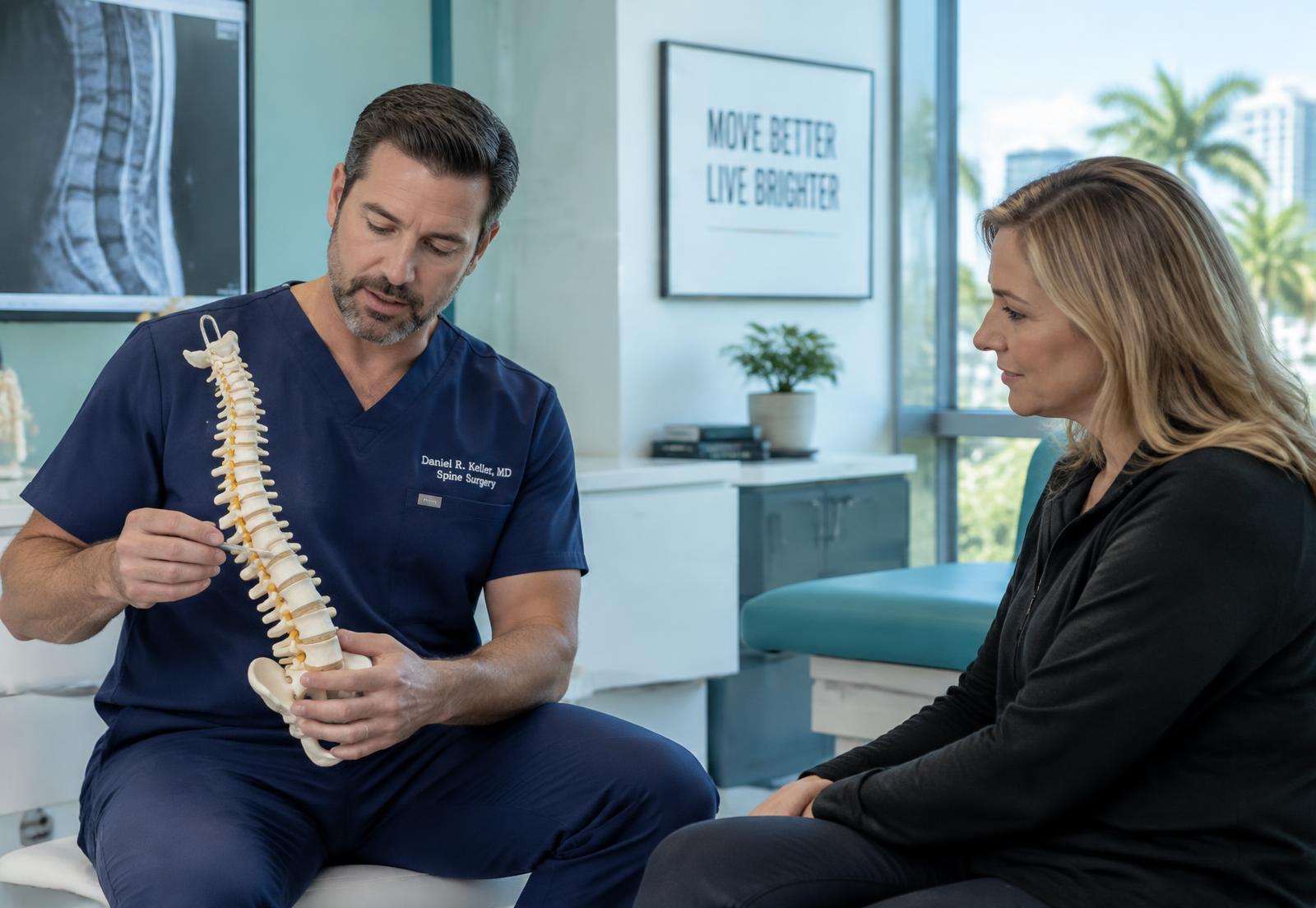 Physician reviewing a spine model with a patient at Nexus Medical